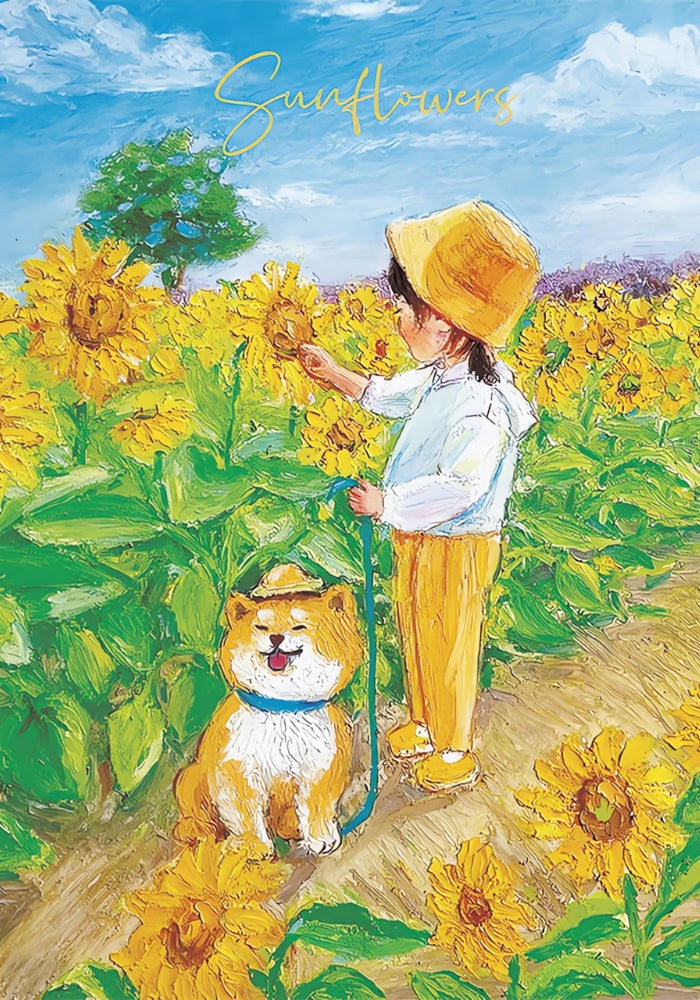 Girl holding sunflower with smiling dog in bright yellow field and clear blue sky