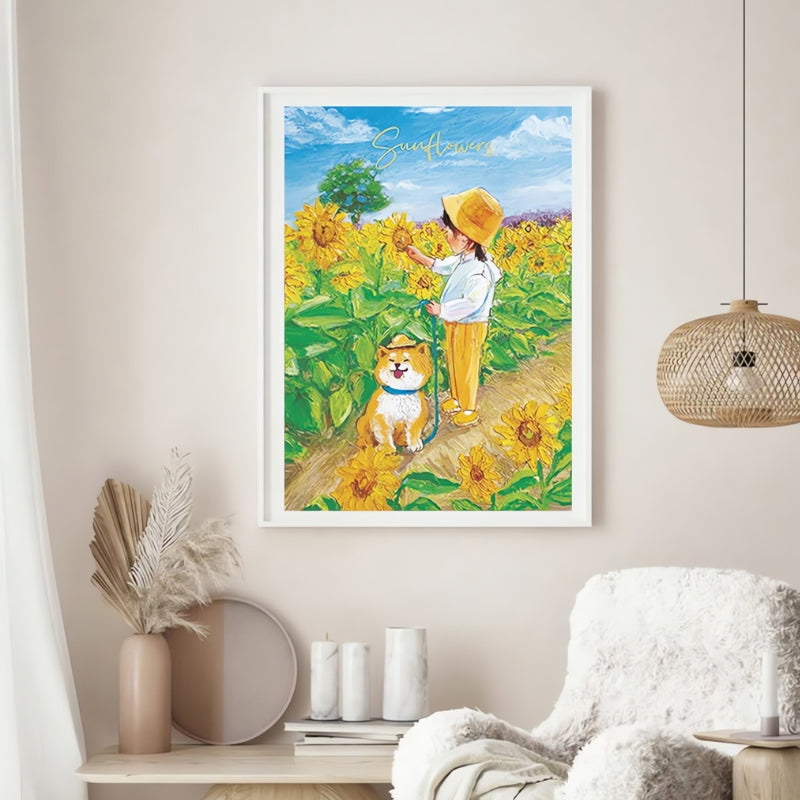 Completed Sunflower Girl puzzle framed and styled in a cosy beige interior