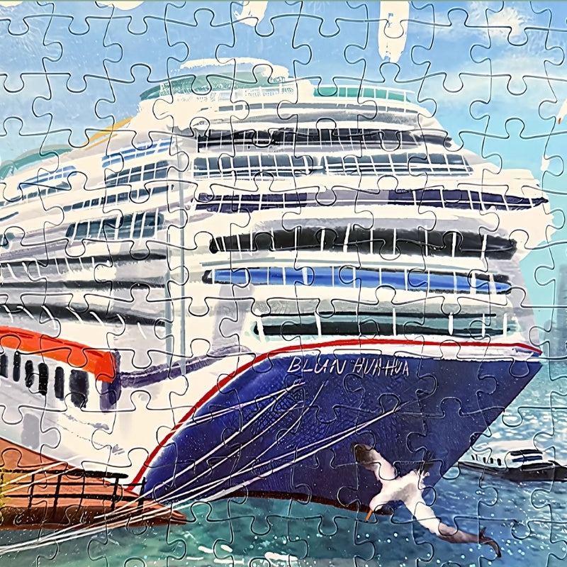Detailed view of the cruise ship section in the Admire Flowers puzzle, highlighting windows, decks, and a bird flying nearby.