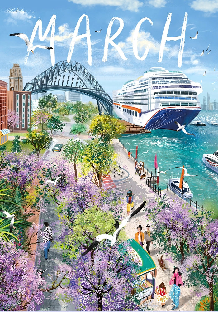 Illustration of Sydney Harbour in March, with jacaranda trees in bloom, a cruise ship docked by the water, and the Harbour Br