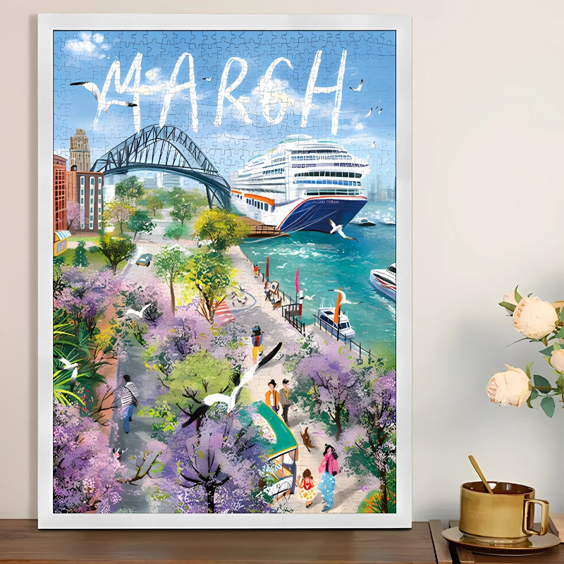 Admire Flowers puzzle framed and displayed on a wall, showcasing a colourful Sydney waterfront with purple trees and seaside
