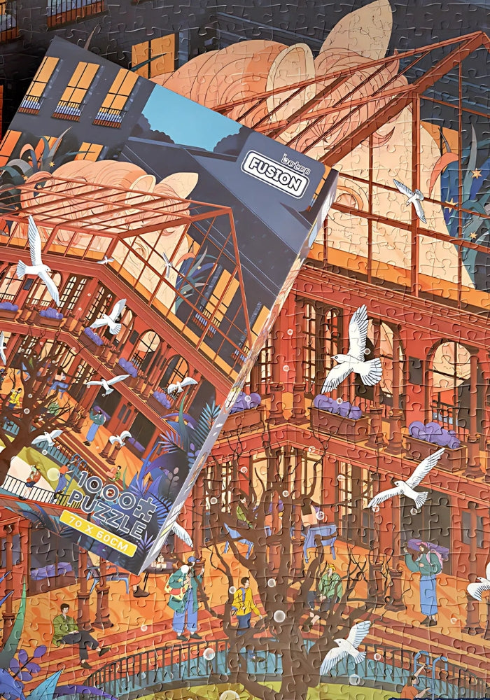 Architecture puzzle box and atrium scene below – architectural puzzle.