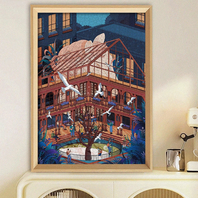 Architecture puzzle box and atrium scene below – architectural puzzle.