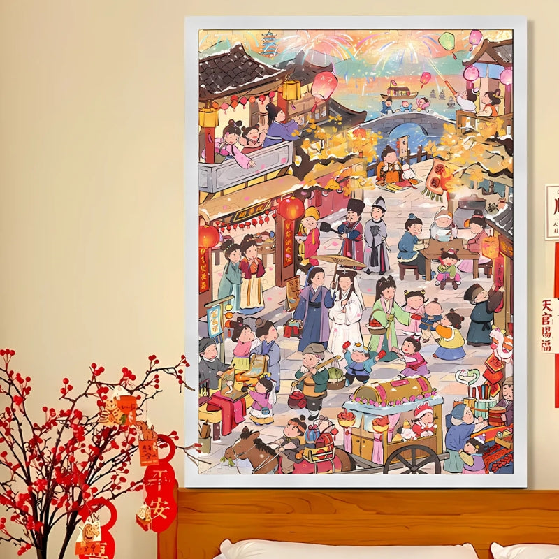 Bai Suzhen 1000-piece puzzle displayed in a white frame above a bed with festive decorations