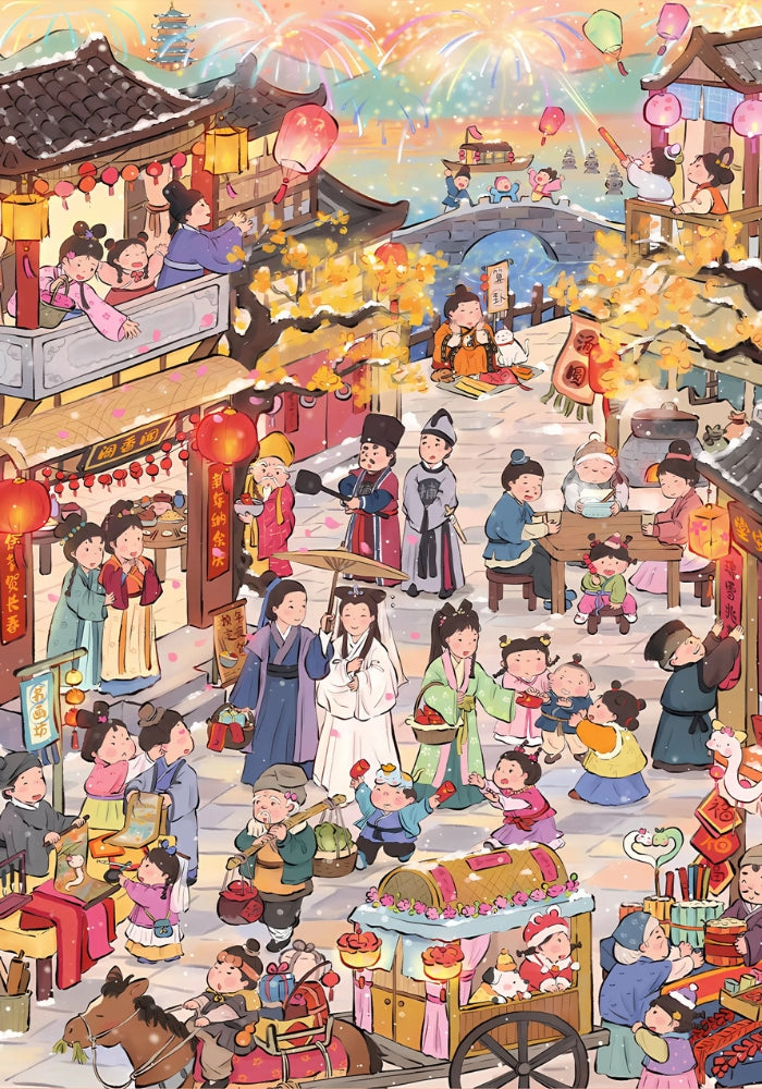 Full illustration of Bai Suzhen puzzle showing a bustling town, fireworks, and lanterns
