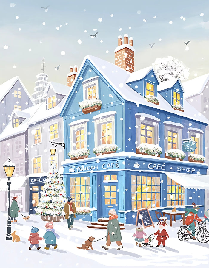 Cosy winter scene of a blue cafe on a snowy street with families and pets walking by.