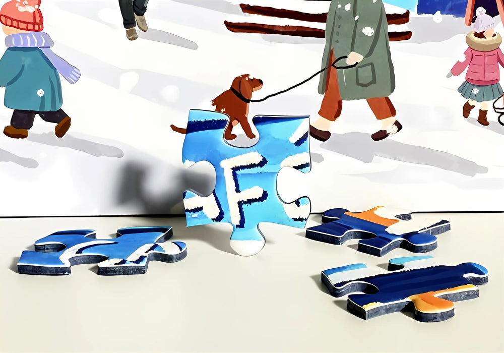 Macro shot of a single Blue Cafe puzzle piece featuring part of a dog on a snowy footpath.