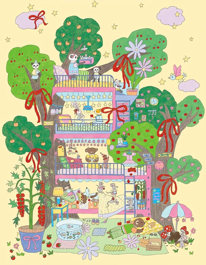 Illustrated design of a playful tree house filled with animals, stars, red bows, and blooming trees set against a soft yellow