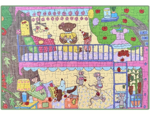 Zoomed-in view of the bottom floors of the puzzle, featuring bears, mice, and bunnies knitting, relaxing, and playing in cosy