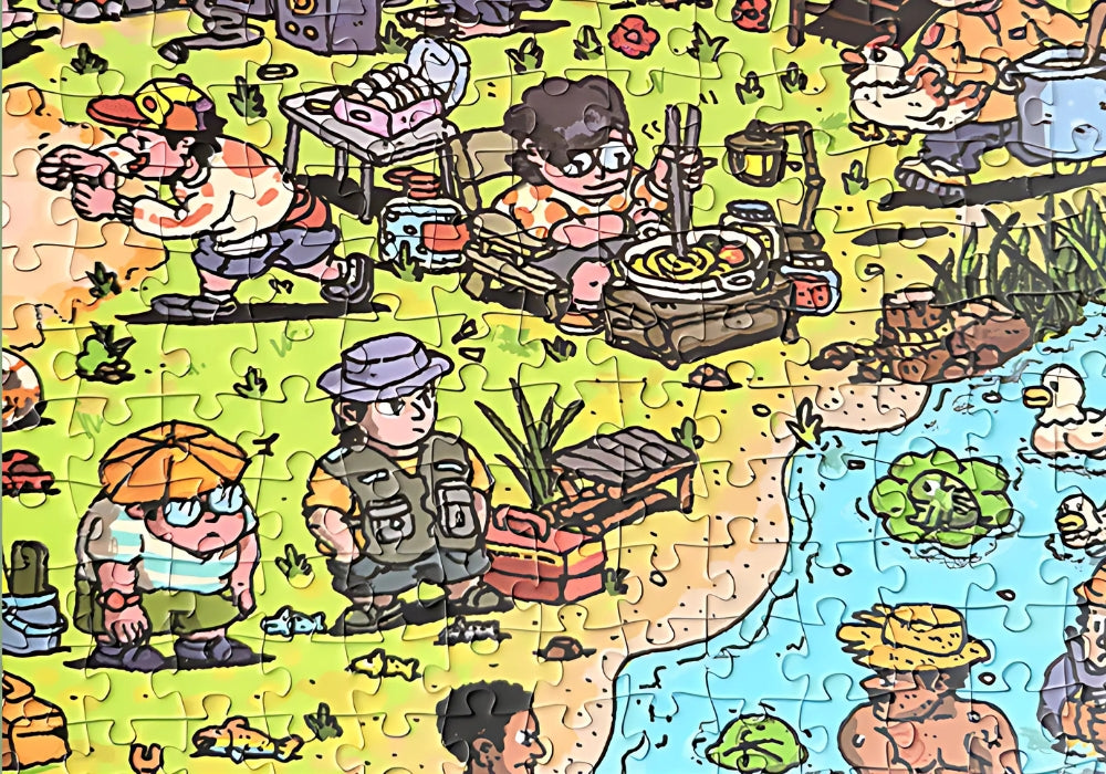 Close-up of assembled puzzle showing a camper stirring noodles, surrounded by quirky characters.