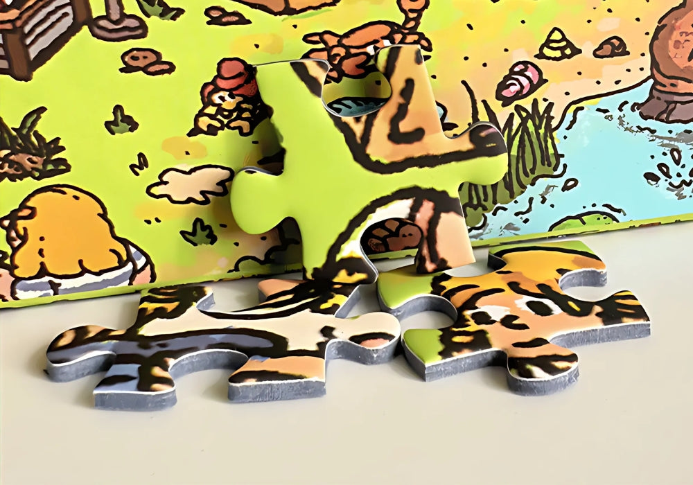Zoomed-in image of puzzle pieces showing vibrant colours, crisp printing, and thick, high-quality cardboard pieces.
