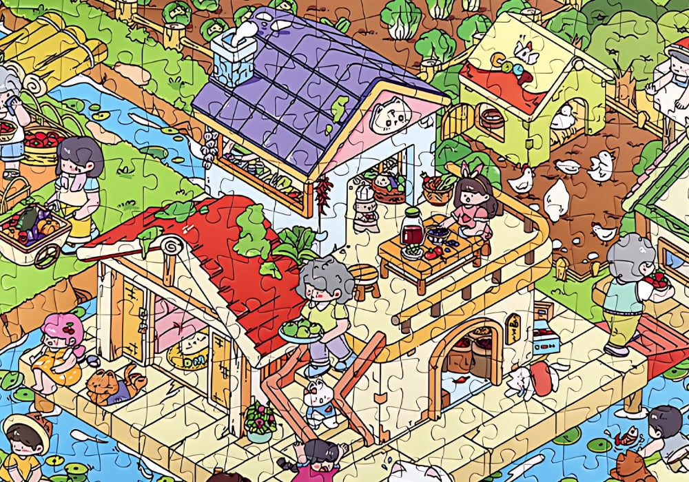 Close-up of Grandma’s Yard puzzle pieces featuring characters carrying produce near a house.