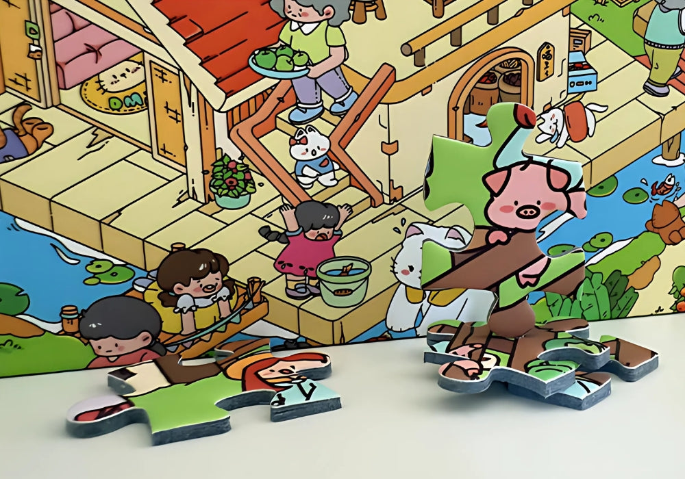 Zoomed-in section of puzzle showing farm house with people cooking, farming, and harvesting vegetables.