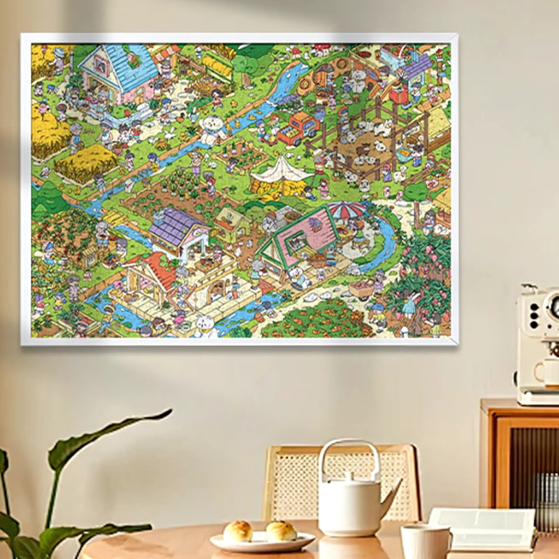 Grandma’s Yard puzzle framed and displayed on a wall above a table, showcasing its final look.
