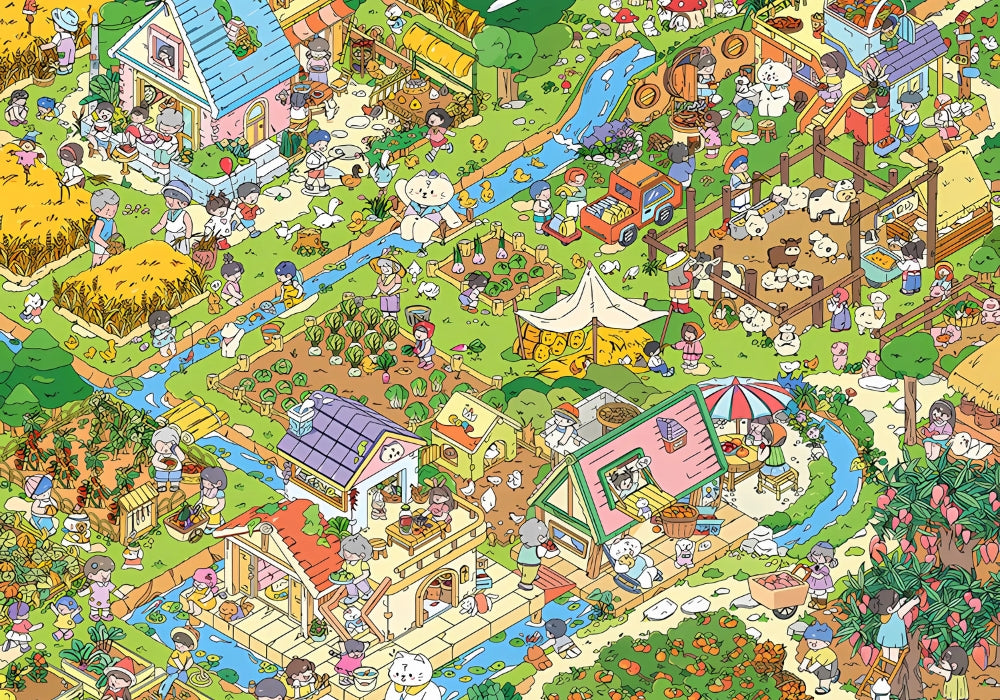 Flat lay of completed Grandma’s Yard puzzle with box placed on top, highlighting farm details.