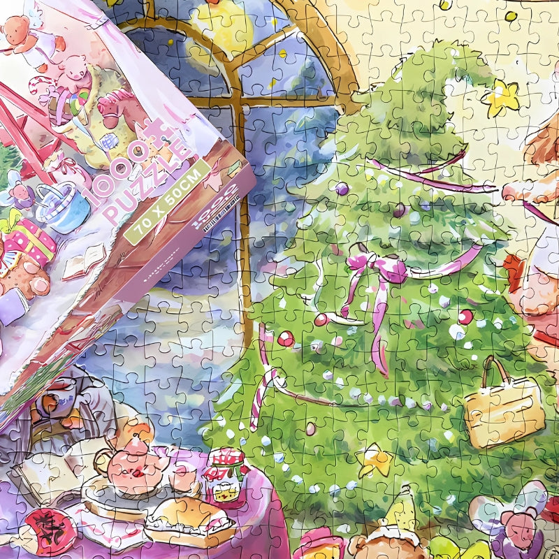 Puzzle and box side-by-side showing festive fireplace, tree and toy characters in Little Cute