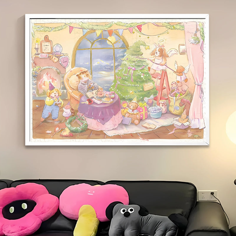 Framed Little Cute Christmas jigsaw puzzle displayed on a wall above a sofa with plush toys