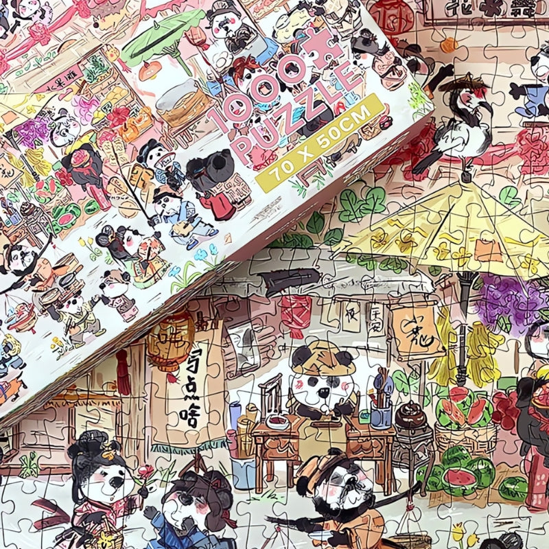 Close-up of Panda Fair puzzle and box featuring adorable pandas running a food stall and enjoying the marketplace