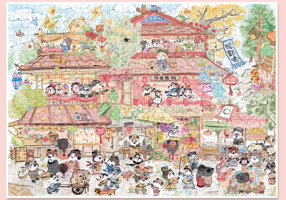 Completed 1000 piece Panda Fair puzzle filled with charming pandas, lanterns, and bustling shopfronts