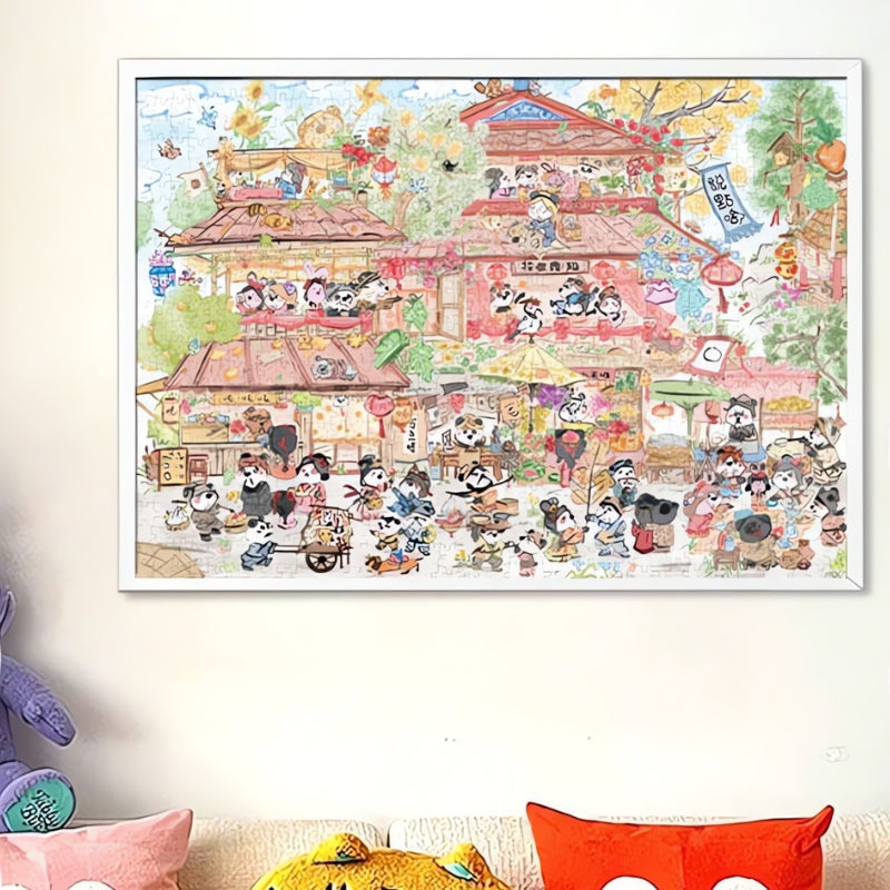 Framed Botop Panda Fair puzzle displayed in a playful living room, featuring vibrant festival artwork and pandas