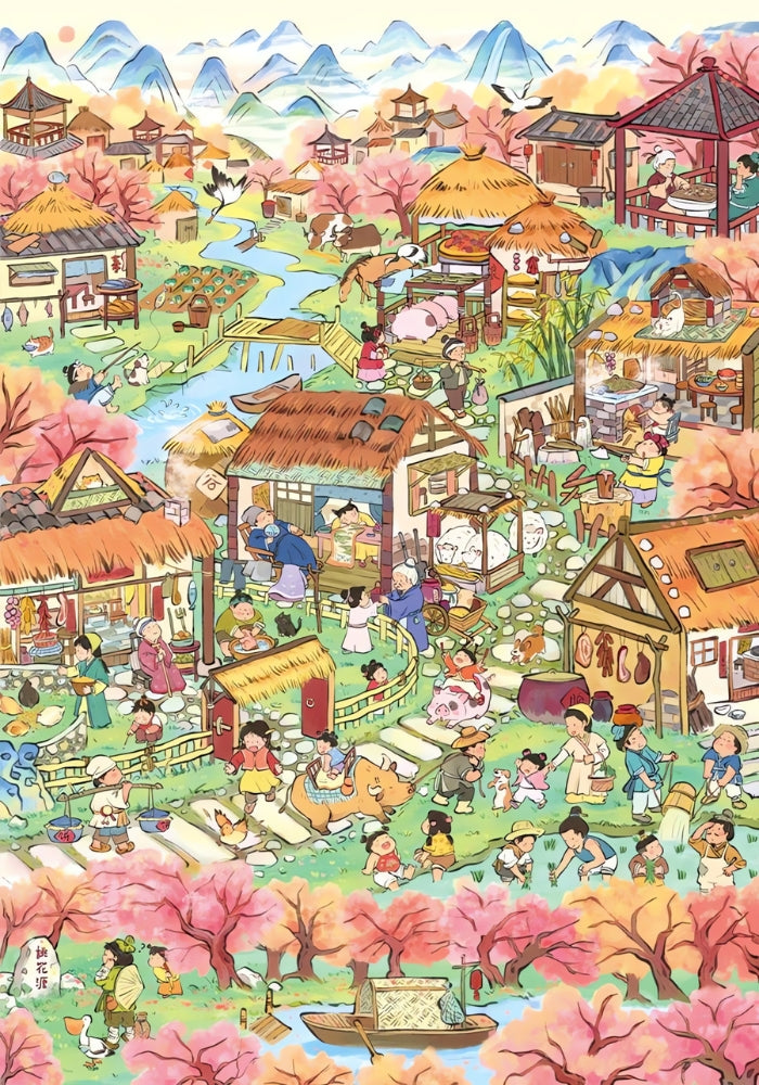Close-up of the full Peach Blossom puzzle featuring a spring village scene
