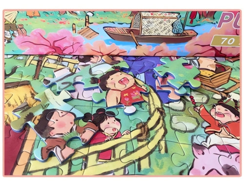 Zoomed-in view of children playing in the Peach Blossom jigsaw