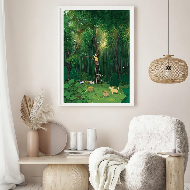 Framed Pick Persimmons puzzle artwork hung in a soft-toned living space with natural decor and a cosy armchair.