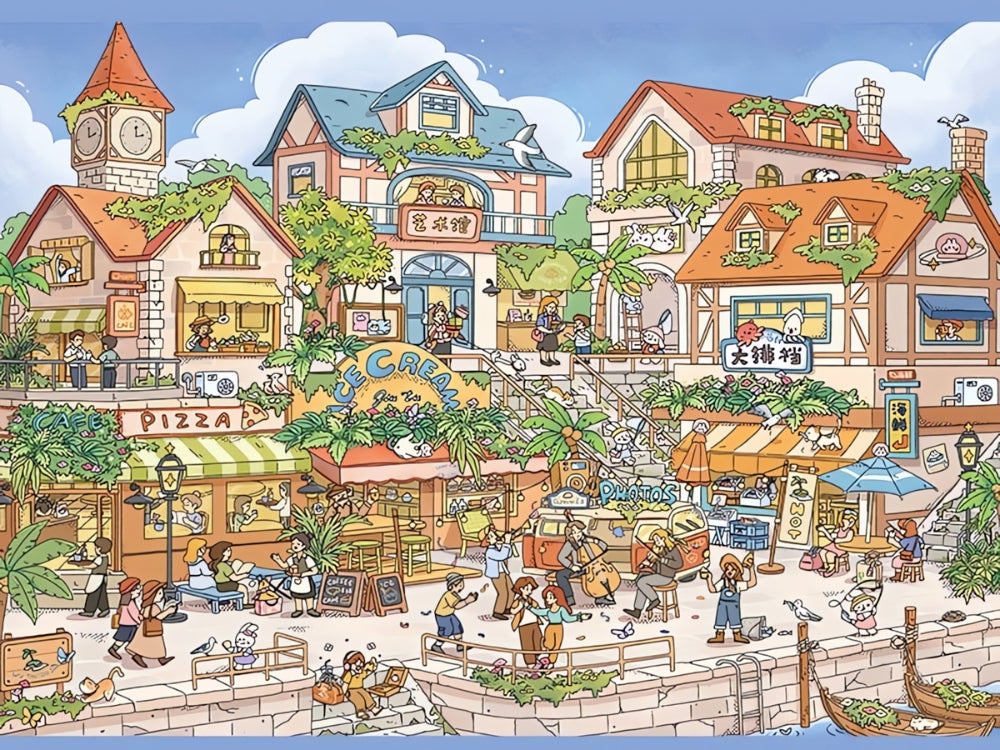 Seaside Town puzzle artwork featuring vibrant coastal town scene with ice cream shop, pizza parlour, and waterfront