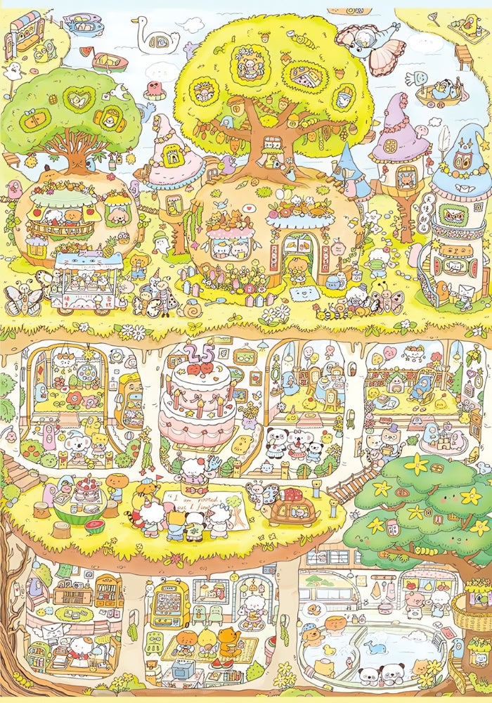 Close-up of Botop Secret Base puzzle artwork showing detailed forest treehouses, bridges, and animals in soft pastel tones