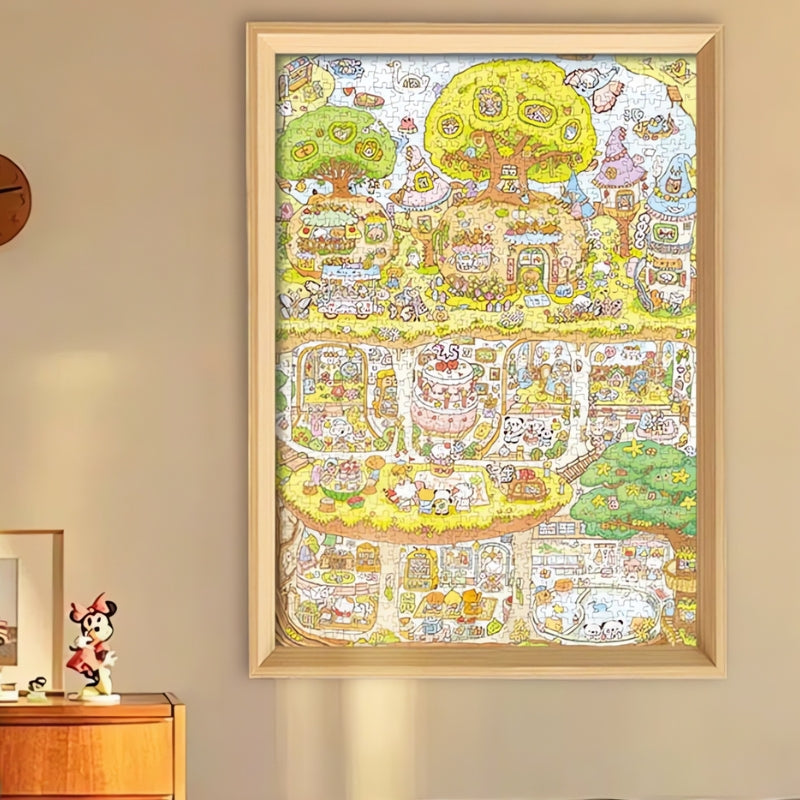 Completed Botop Secret Base 1000 piece jigsaw puzzle with pastel forest village, treehouses, and animal characters