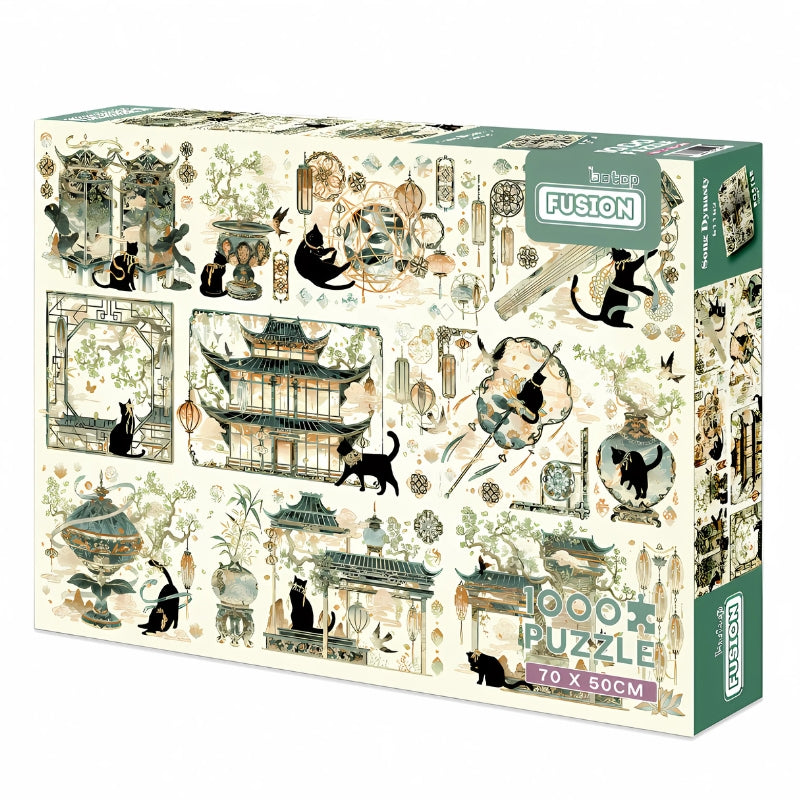 Box of Song Dynasty puzzle featuring elegant Chinese buildings and black cats
