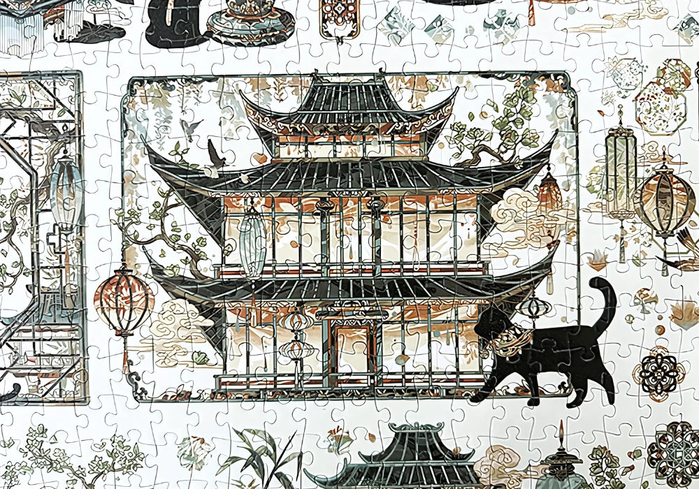 Song Dynasty puzzle artwork showing traditional buildings, lanterns, and black cats