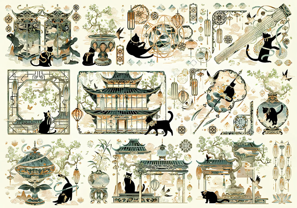 Close-up of Song Dynasty puzzle showing a black cat walking in front of a pagoda