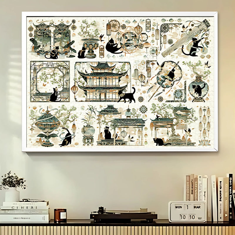 Framed Song Dynasty puzzle hung on the wall in a modern room
