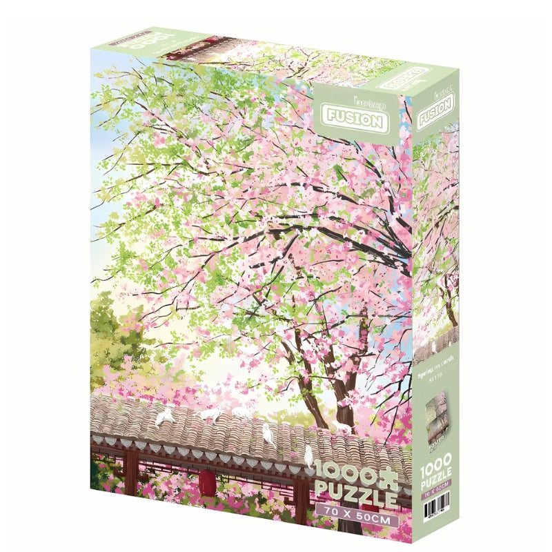 Spring on Earth 1000 piece puzzle box by Botop, featuring pastel cherry blossoms and white cats on a tiled roof.