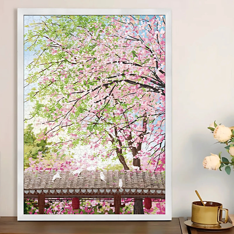 Spring on Earth puzzle framed and displayed above a side table, complementing a soft and natural interior.