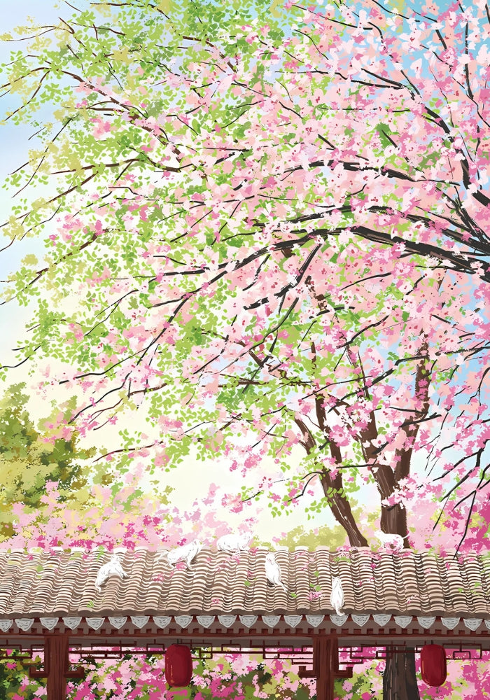 Full artwork from Spring on Earth puzzle showing blooming sakura trees, a tiled rooftop, and white cats basking in the sunlig