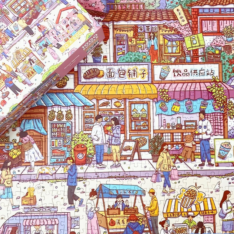 Close-up of Street Spring puzzle on a pink background full of cute activities.