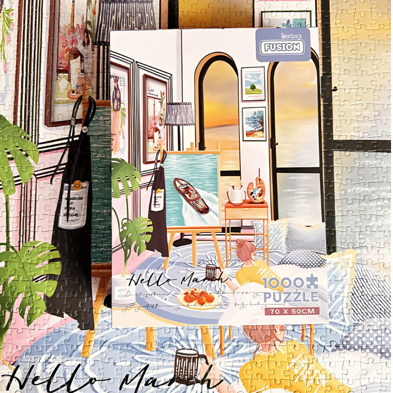 Box art with interior scene, sea views and pastel decor – coastal living puzzle.