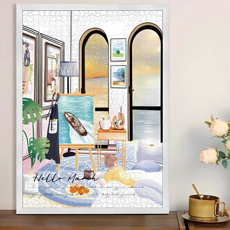 Framed puzzle hanging on wall with coastal room decor – coastal living puzzle.