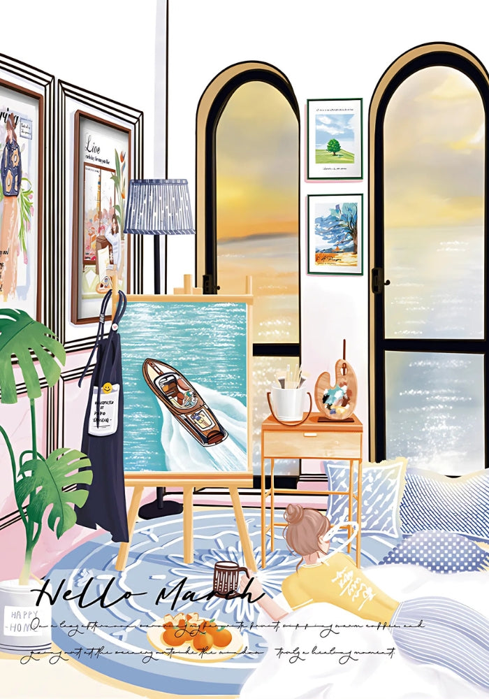 Full puzzle image with woman lounging and ocean sunset – coastal living puzzle.