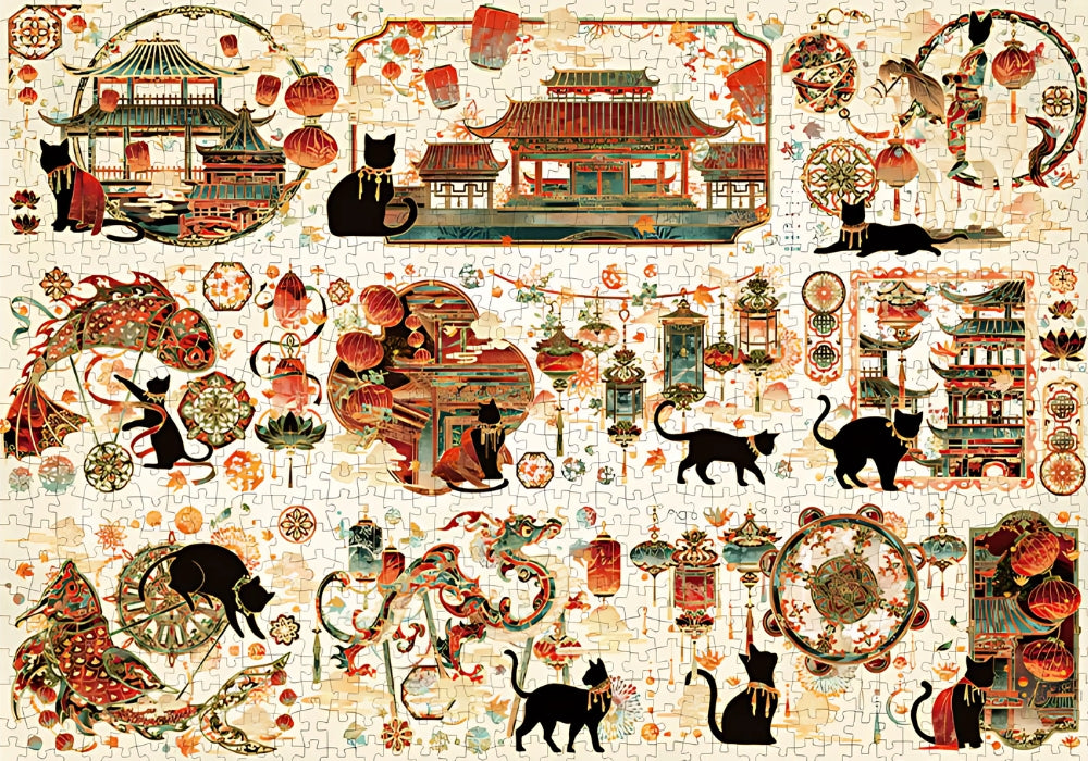 Completed Tang Dynasty puzzle showing intricate design with black cats and oriental elements