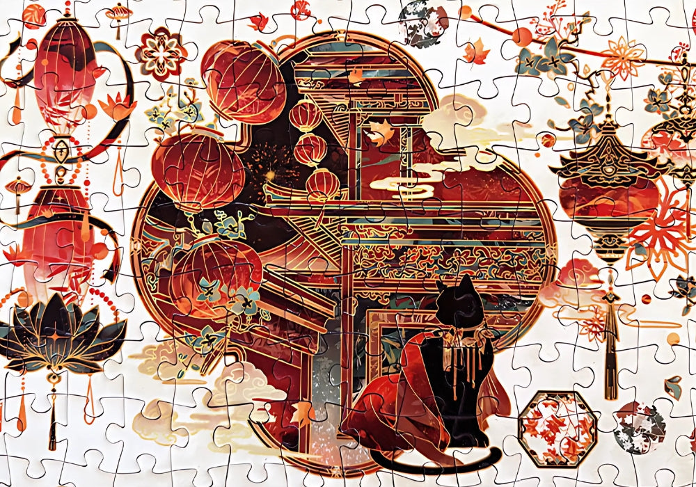 Close-up of completed Tang Dynasty puzzle featuring red-roofed temple and lantern details