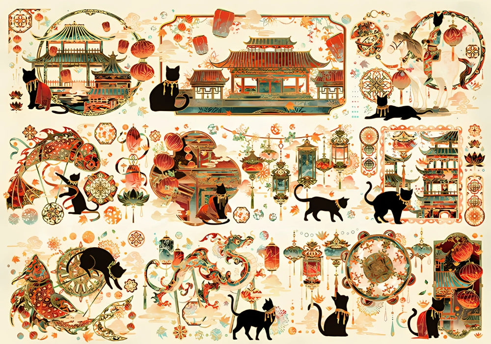 Full view of Tang Dynasty puzzle artwork with cats, koi fish, and lanterns.