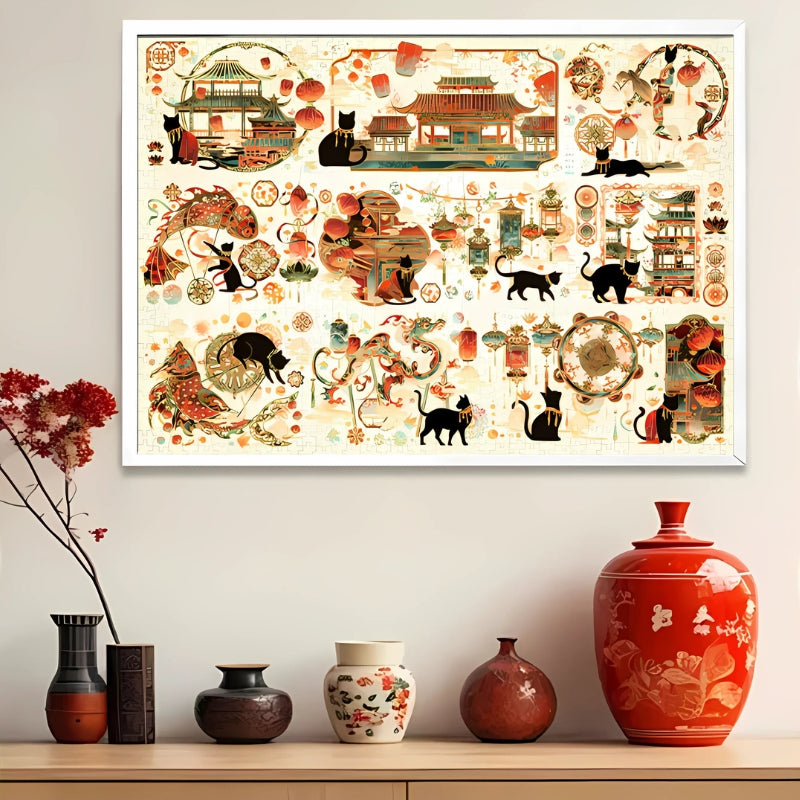 Tang Dynasty puzzle displayed in a frame above a traditional sideboard