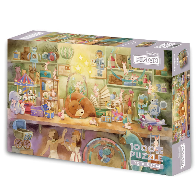 Toyshop elves puzzle box with 1000 pieces, showing whimsical toys, bunnies, and a sleeping bear in soft watercolour tones
