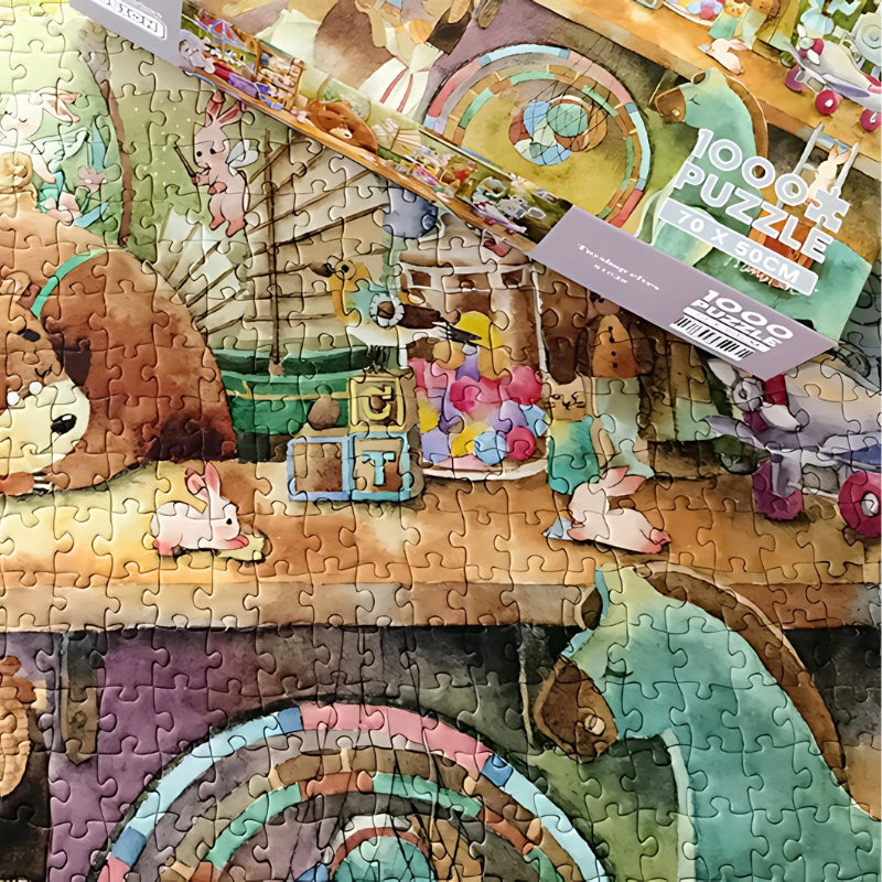 Partially completed Toyshop Elves puzzle with box resting on top, showing detailed toys and bunny characters