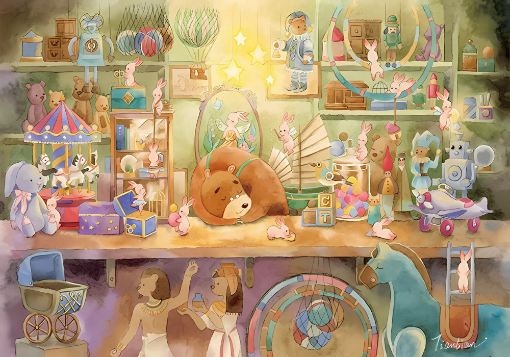 Completed Toyshop Elves puzzle artwork with a watercolour-style toy shop full of animals, stars, and childhood treasures