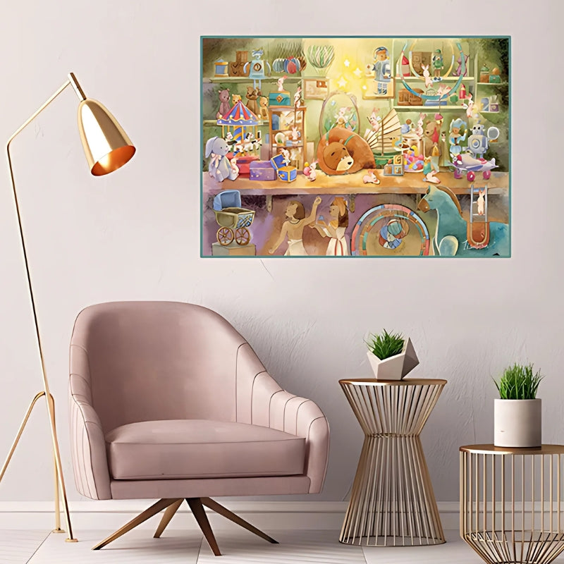 Framed Toyshop Elves puzzle hanging above a modern pink chair, adding warmth and nostalgia to the room
