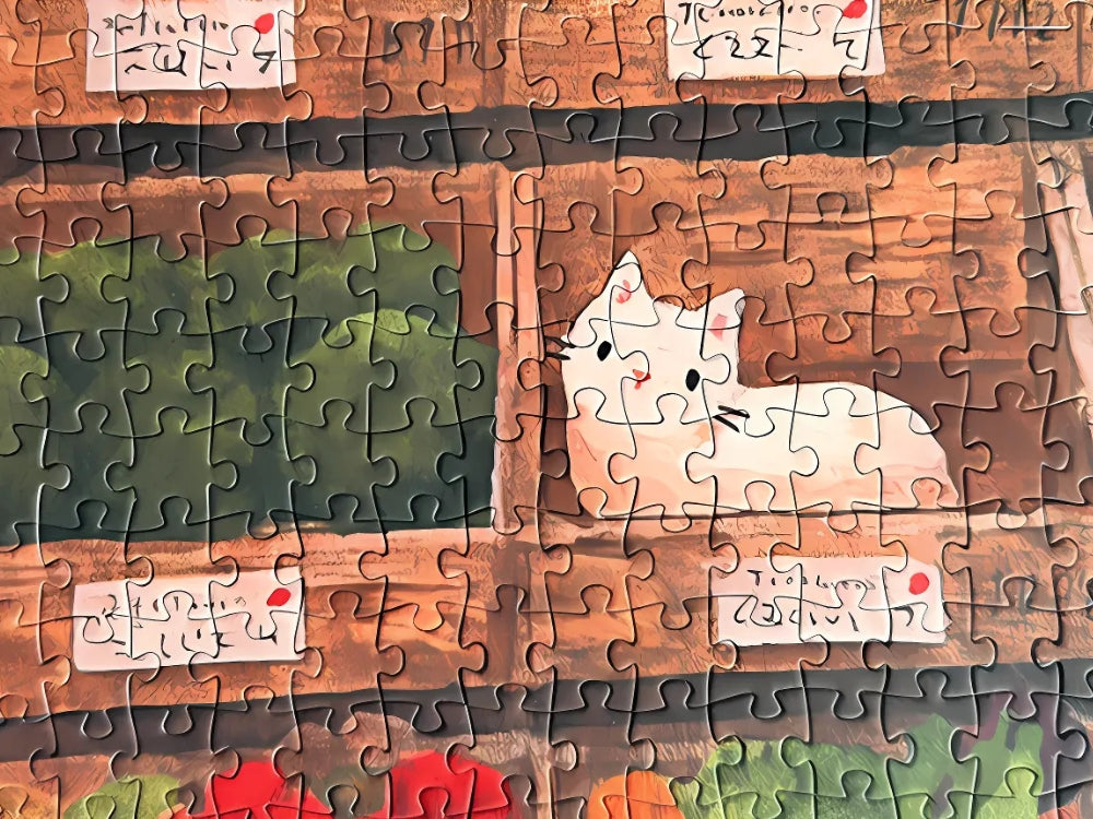 Detailed view of the Vegetable Cat puzzle artwork, with crates of colourful vegetables and a white cat nestled in one.